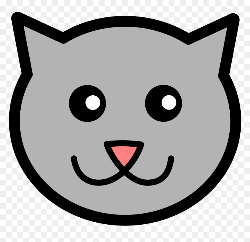 Gray cartoon cat face with big black eyes, pink nose, and smiling mouth on transparent background.