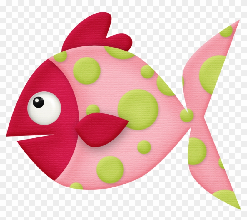 Pink cartoon fish with green polka dots, red fins, and large white eye on transparent background.
