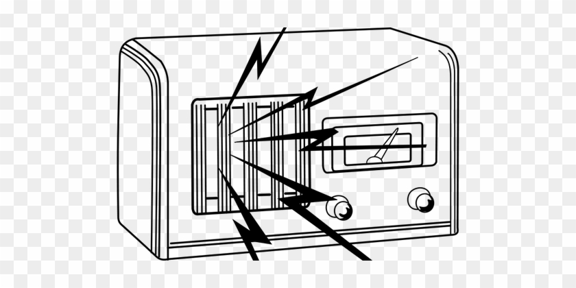 Vintage radio receiver with lightning bolts symbolizing radio wave reception.