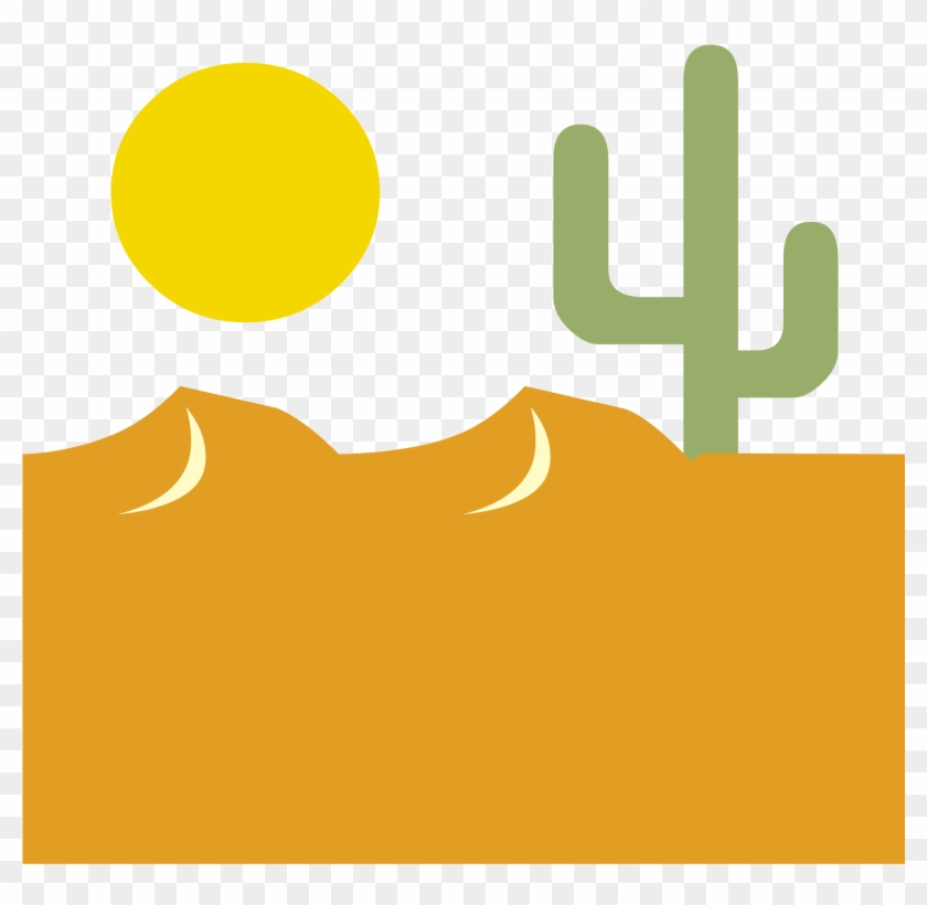 Stylized desert landscape with yellow sun, green saguaro cactus, and orange sand dunes on transparent background.