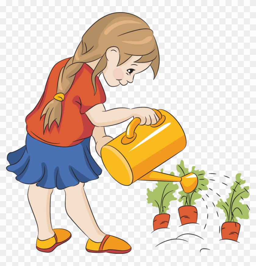 A young girl with braided hair waters carrot plants in a garden using a yellow watering can.