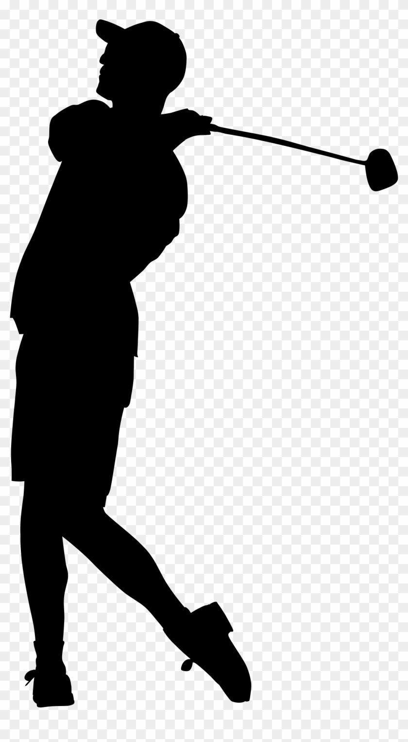 Silhouette of a golfer mid-swing with driver, wearing cap and athletic attire, captured in dynamic follow-through pose.