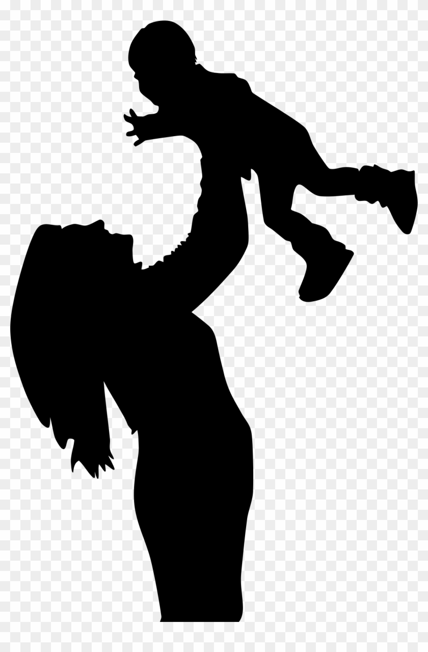 Silhouette of a mother lifting her child joyfully into the air, symbolizing love and care.