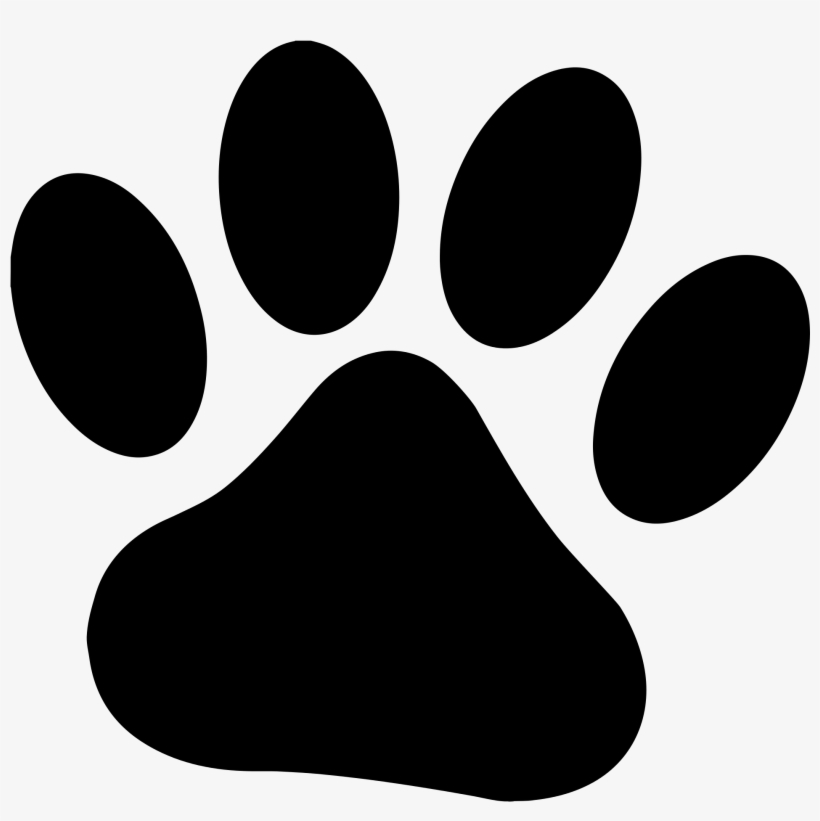 Black silhouette of a canine or feline paw print with four toe pads and a large metacarpal pad on white background.