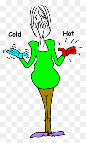 Cartoon woman with one hand labeled "Cold" (blue, shivering) and the other "Hot" (red, steaming), illustrating temperature dysregulation.