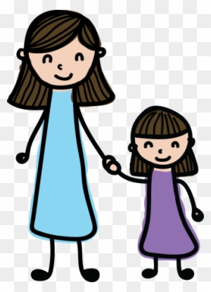 A smiling mother and daughter holding hands, illustrated in simple cartoon style with blue and purple dresses.