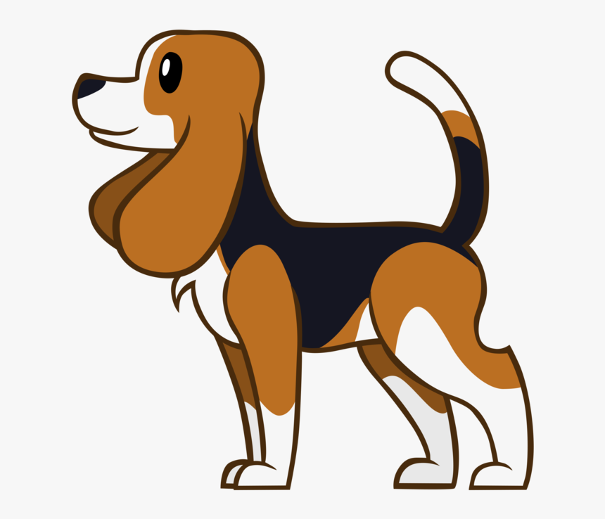 Cartoon beagle dog standing in profile with brown, black, and white tri-color coat and cheerful expression.