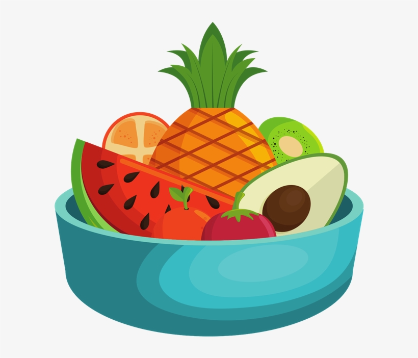 Colorful fruit bowl with pineapple, watermelon, avocado, kiwi, orange, tomato, and strawberry in a teal bowl.