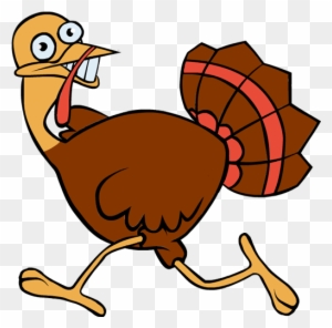 Cartoon turkey running with wide eyes and open beak, brown feathers, red wattle, and fanned tail.