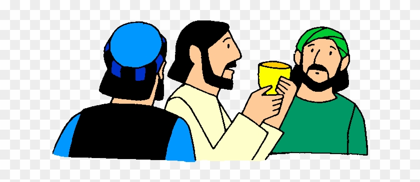 Jesus sharing a cup with two disciples during the Last Supper, illustrated in simple cartoon style.