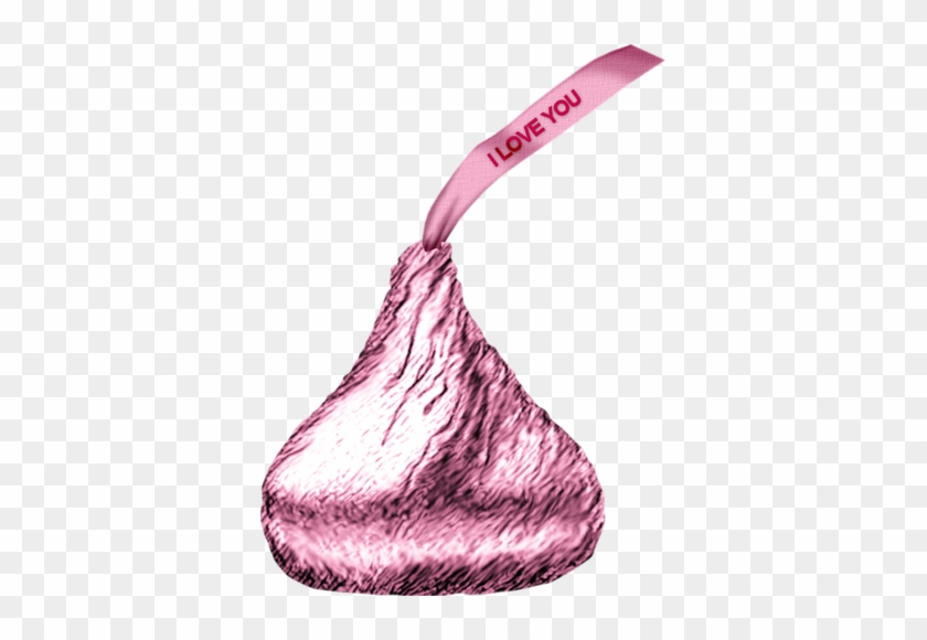 Pink foil-wrapped Hershey's Kiss with "I LOVE YOU" ribbon, isolated on transparent background.