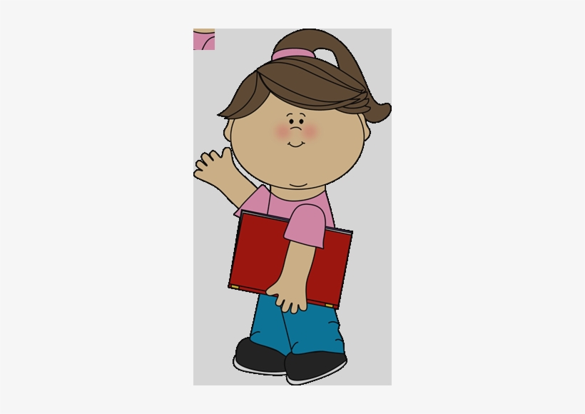 Cartoon girl with brown hair in ponytail, waving and holding a red book, wearing pink shirt and blue pants.