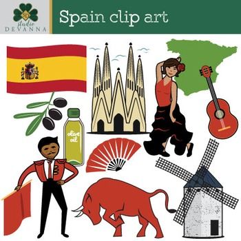 Spain clip art featuring flag, Sagrada Família, flamenco dancer, bullfighter, bull, guitar, olive oil, fan, windmill, and map.