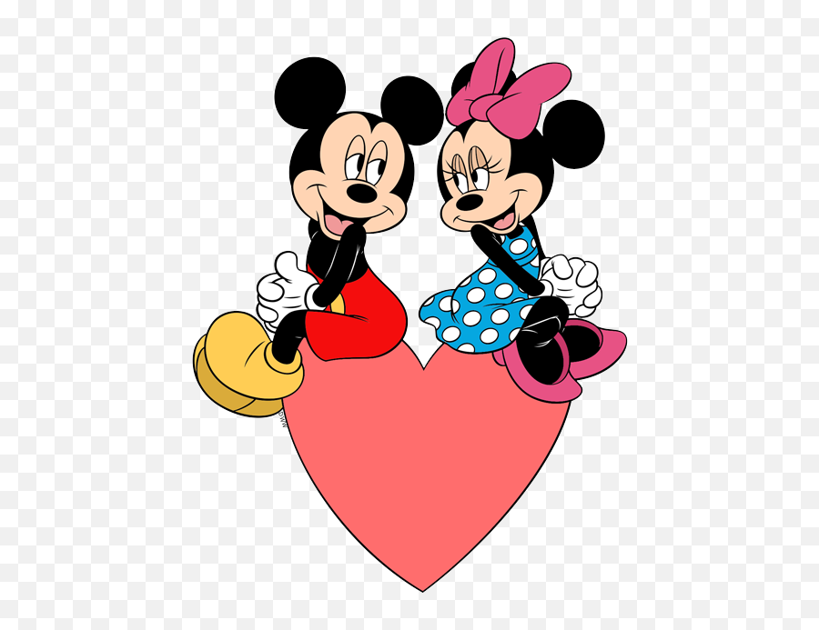 Mickey and Minnie Mouse sitting together on a red heart, smiling affectionately.