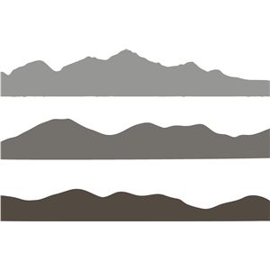 Three stylized mountain silhouettes in light, medium, and dark gray tones on a white background.
