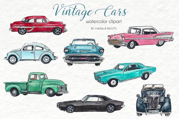 Watercolor illustration of eight classic vintage cars including sedans, convertibles, and a pickup truck by Maria B Paints.