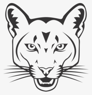 Stylized black-and-white line art of a snarling cougar or mountain lion head with sharp eyes and bared teeth.