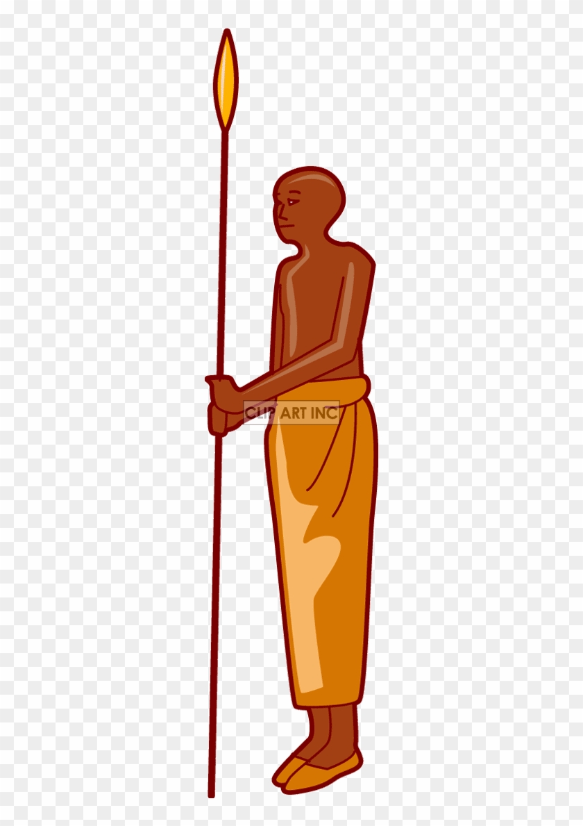 Ancient Egyptian warrior standing in profile, holding a spear with a golden tip, wearing a kilt and sandals.