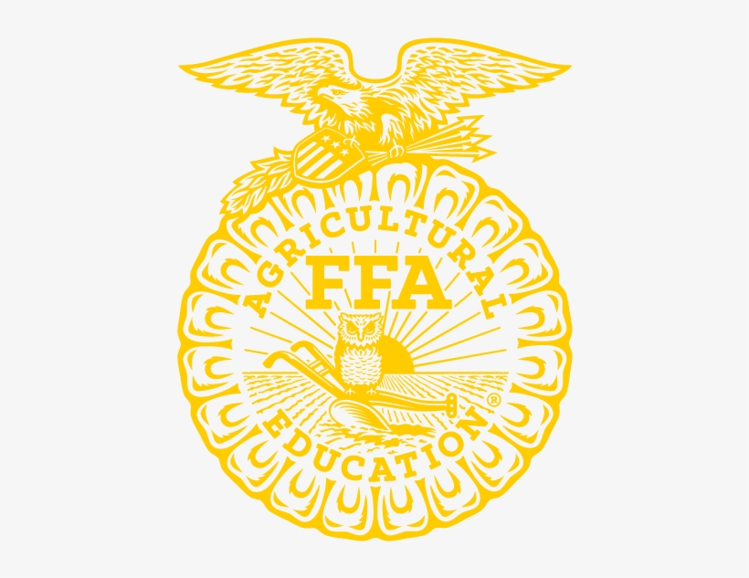 Yellow FFA emblem featuring an eagle, owl, plow, rising sun, and shield with "Agricultural Education" text.