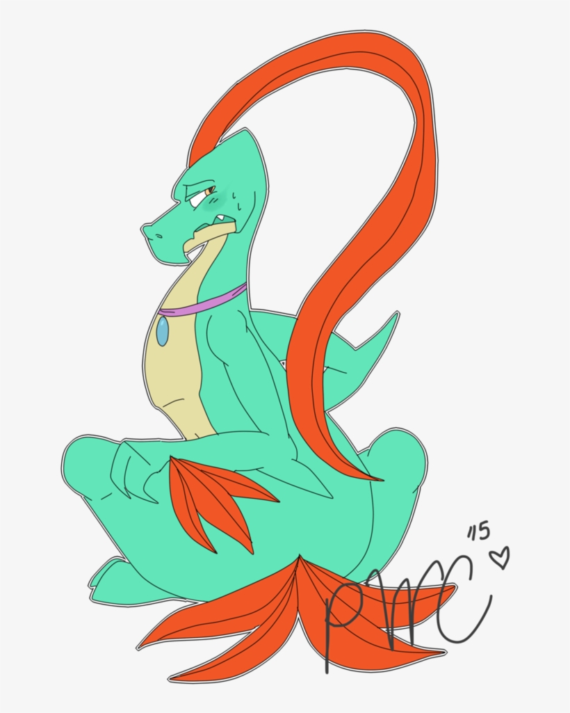 A teal dragon-like creature with orange fins and tail, sitting cross-legged with a stern expression and purple collar.