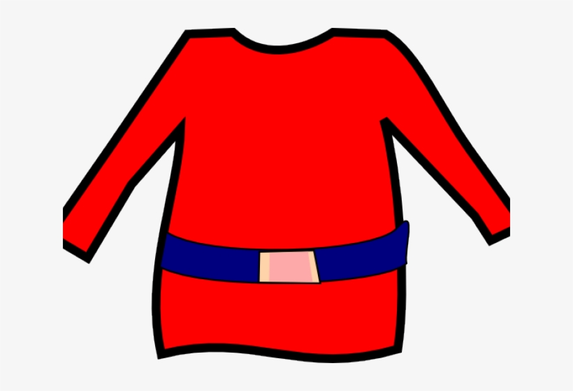 Red long-sleeve dress with blue belt and pink buckle, cartoon-style illustration.