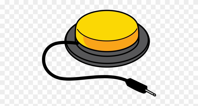 Yellow push button with black base and attached audio jack cable on transparent background.