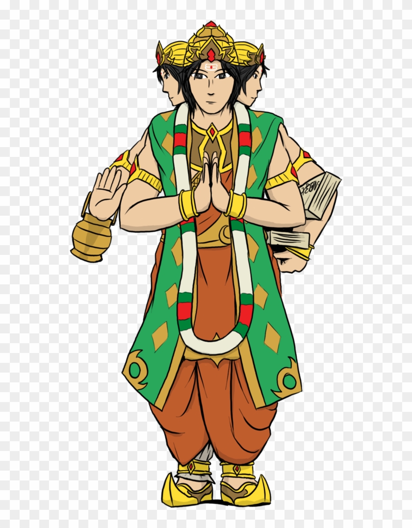 Illustration of a three-headed Hindu deity in traditional attire, holding sacred items and offering blessings.
