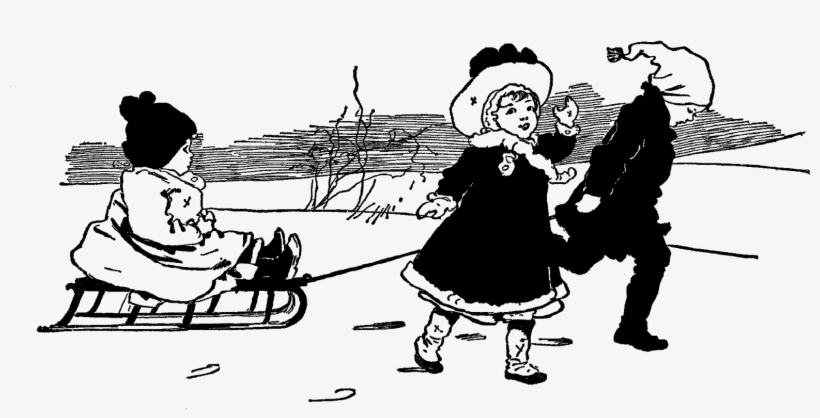 Three children playing in snow: one on a sled, two others joyfully interacting in vintage winter attire.