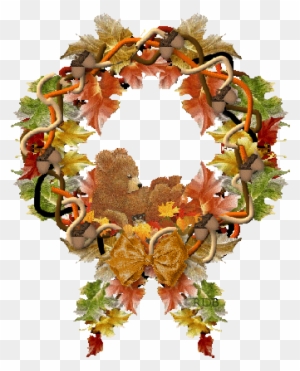 Autumn wreath with maple leaves, acorns, ribbons, and a central bow in warm fall colors.