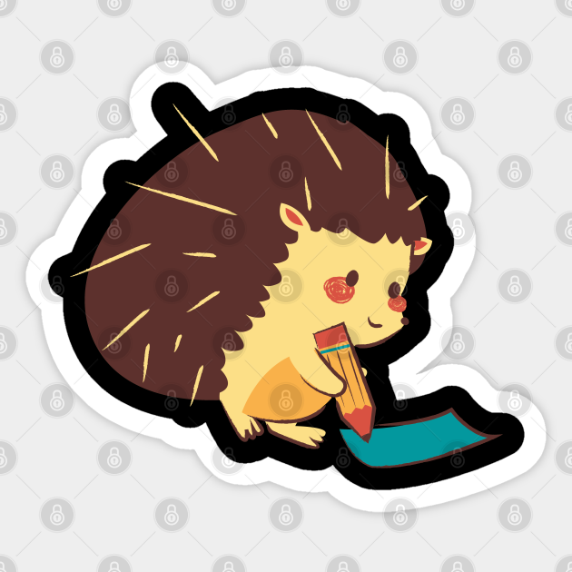 Cute cartoon hedgehog writing with a pencil on a teal paper, smiling with rosy cheeks.