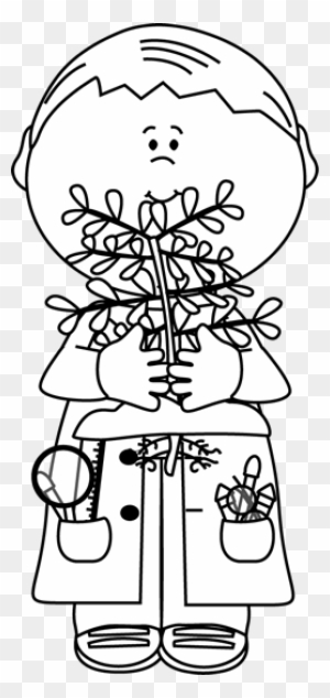 Child in lab coat holding a small plant, with magnifying glass and tools in pockets-black-and-white line drawing.