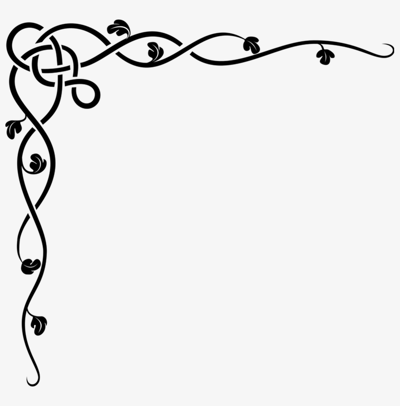 Black Celtic knot corner border with vine and leaf motifs on white background.