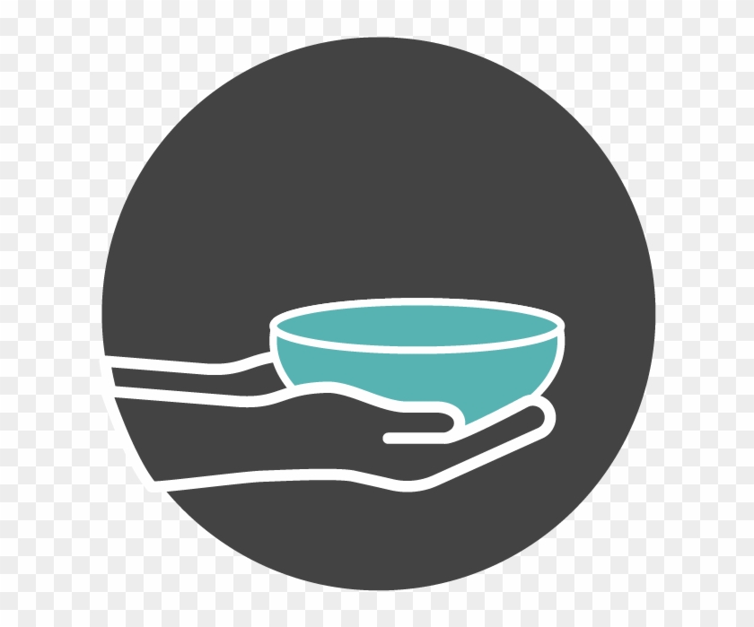 Hand holding a teal bowl against a dark circular background, symbolizing care, service, or nourishment.