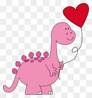 Pink cartoon stegosaurus holding a red heart-shaped balloon with a cheerful expression.