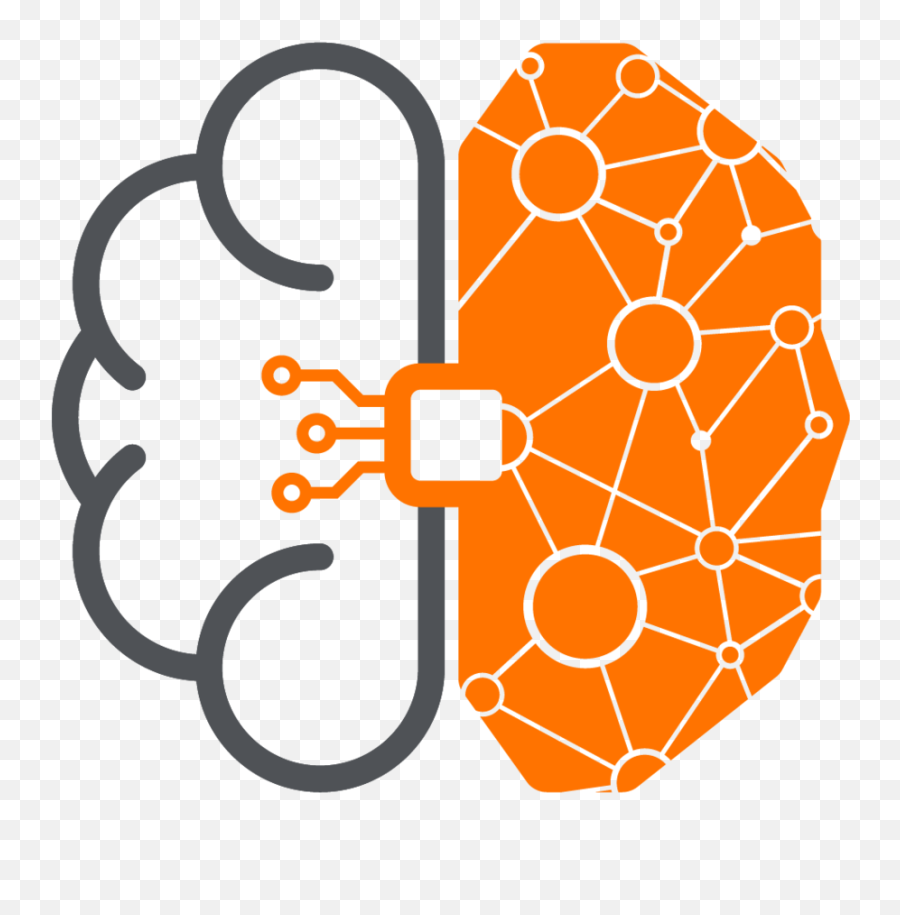Human brain outline connected to an orange AI neural network via circuit interface.