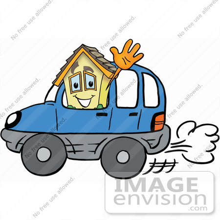 Cheerful cartoon house waving from a blue car, symbolizing moving or relocation services.