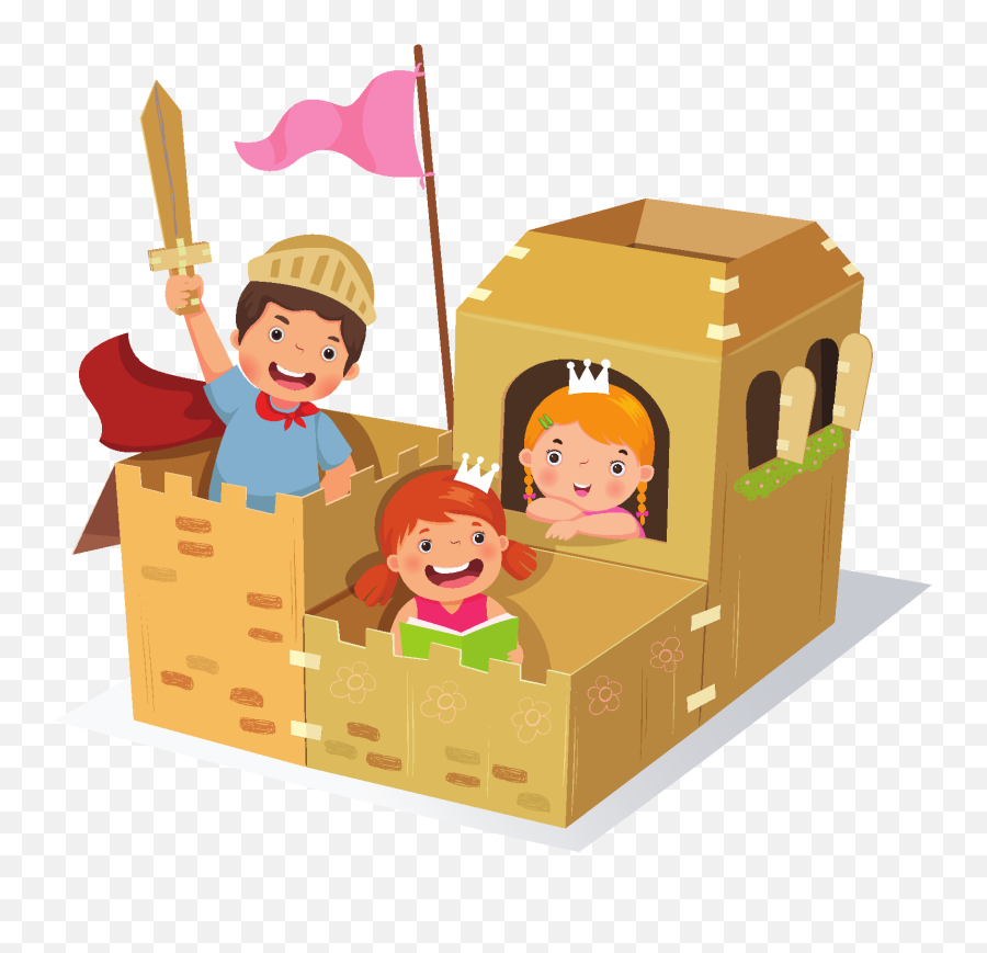 Three joyful children playing in a handmade cardboard castle-knight, princess, and reader-with pink flag and crowns.