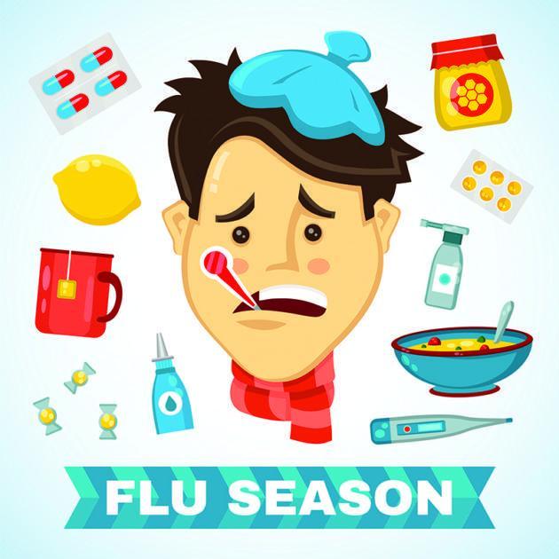 Sick person with fever, thermometer, scarf, ice pack, and flu remedies like pills, soup, lemon, and cough syrup surrounding them.
