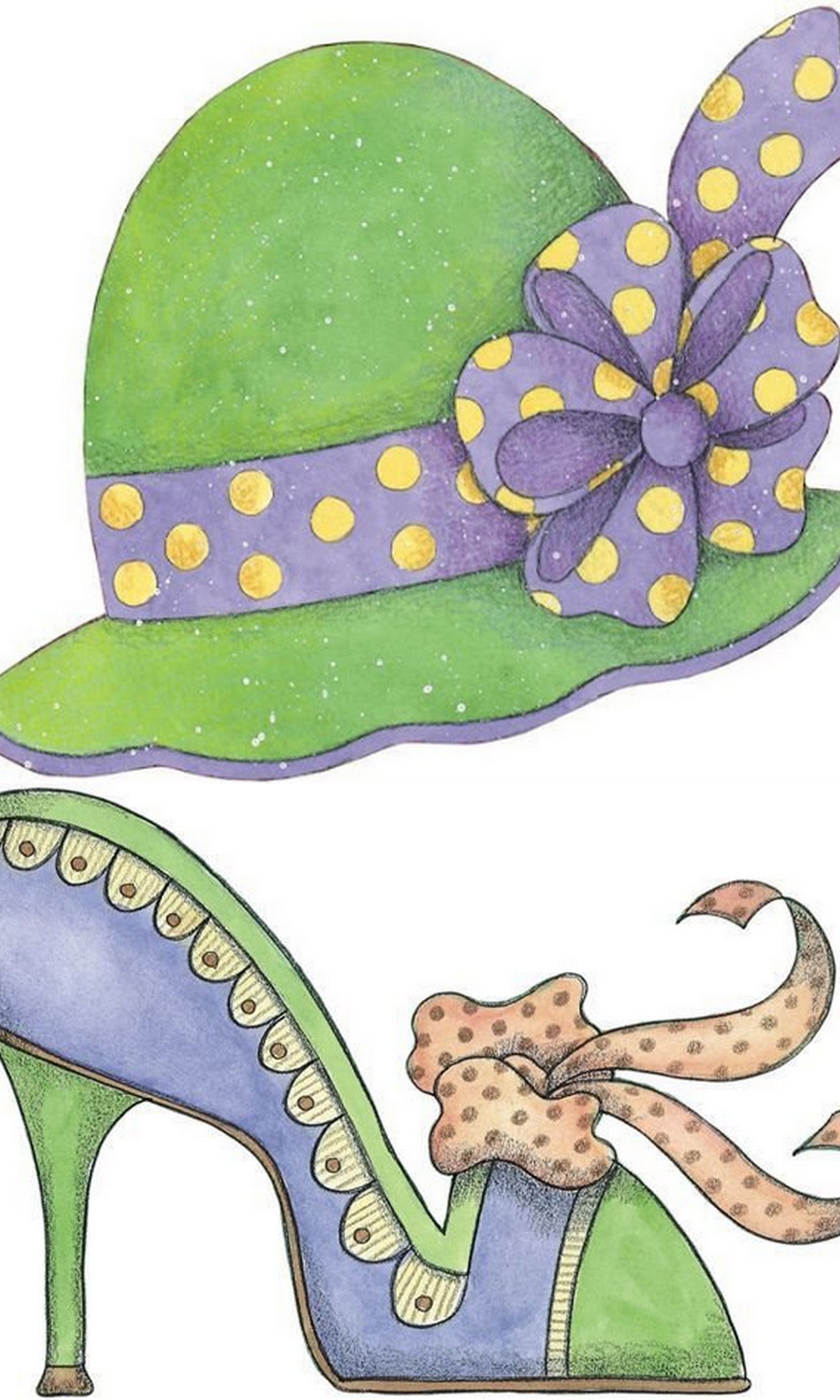 Whimsical green hat with purple polka-dot band and bow, paired with a matching blue high-heeled shoe adorned with scalloped trim and spotted ribbon.