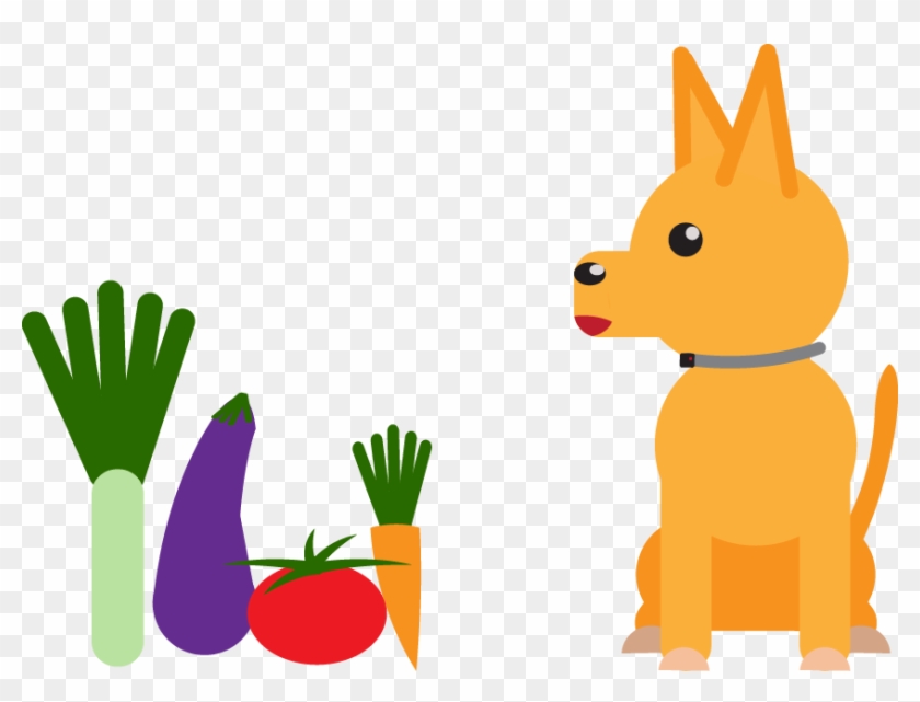 A cartoon orange dog sits beside a group of colorful vegetables: leek, eggplant, tomato, and carrot.