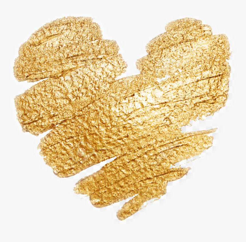 Golden heart-shaped paint stroke with shimmering metallic texture on white background.