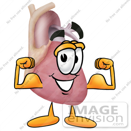 A cartoon heart with arms, legs, and a smiling face, flexing muscular biceps to symbolize cardiovascular strength.