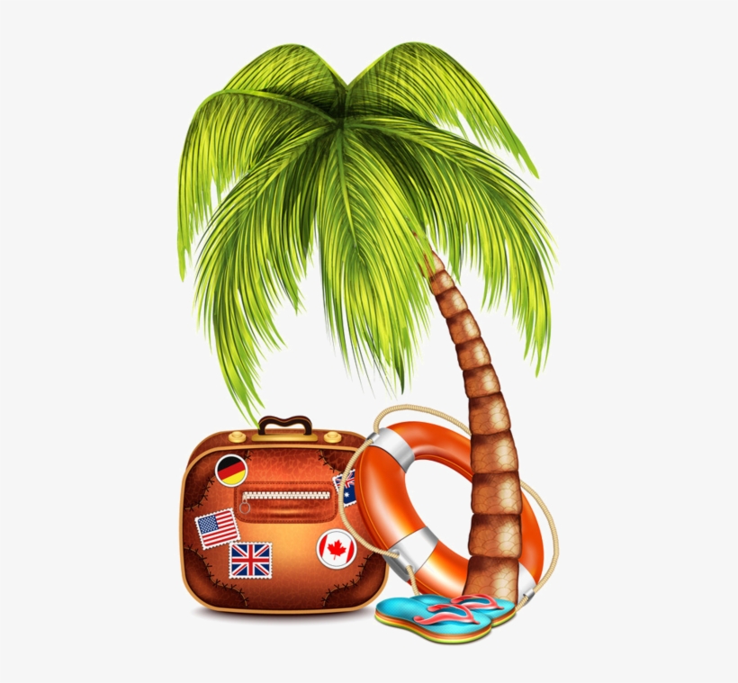 Tropical palm tree leaning over a vintage suitcase with travel stickers, lifebuoy, and flip-flops.