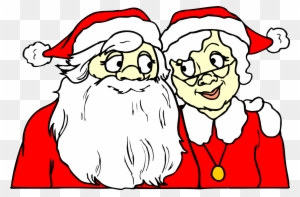 Cartoon illustration of Santa Claus and Mrs. Claus wearing red outfits and Santa hats, smiling together.
