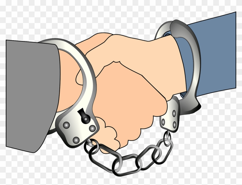 Two hands in handcuffs shaking, symbolizing cooperation under legal constraint or negotiated surrender.