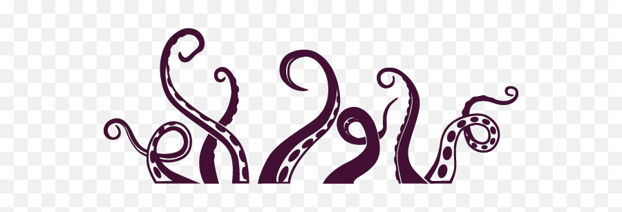 Stylized purple octopus tentacles with suction cups on a transparent background, forming a decorative border.