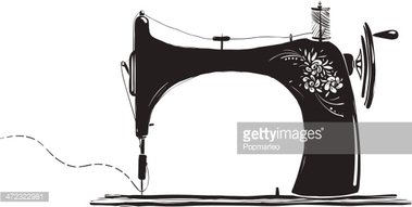 Vintage black-and-white illustration of a classic sewing machine with floral decoration and thread in motion.