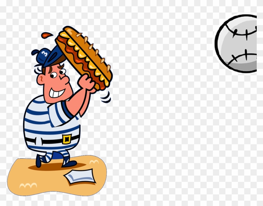 Cartoon sailor holding giant hot dog while a baseball flies toward him on a sandy patch.