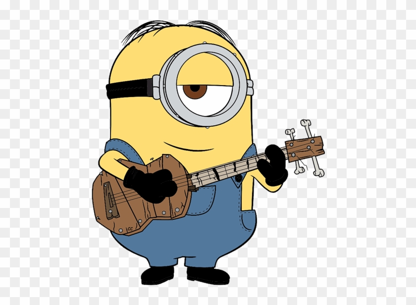 A one-eyed Minion in blue overalls playing a rustic wooden ukulele with bone-shaped tuning pegs.