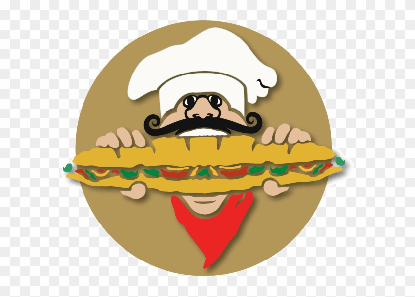 Chef with mustache and white hat holding a giant sandwich in a circular logo.